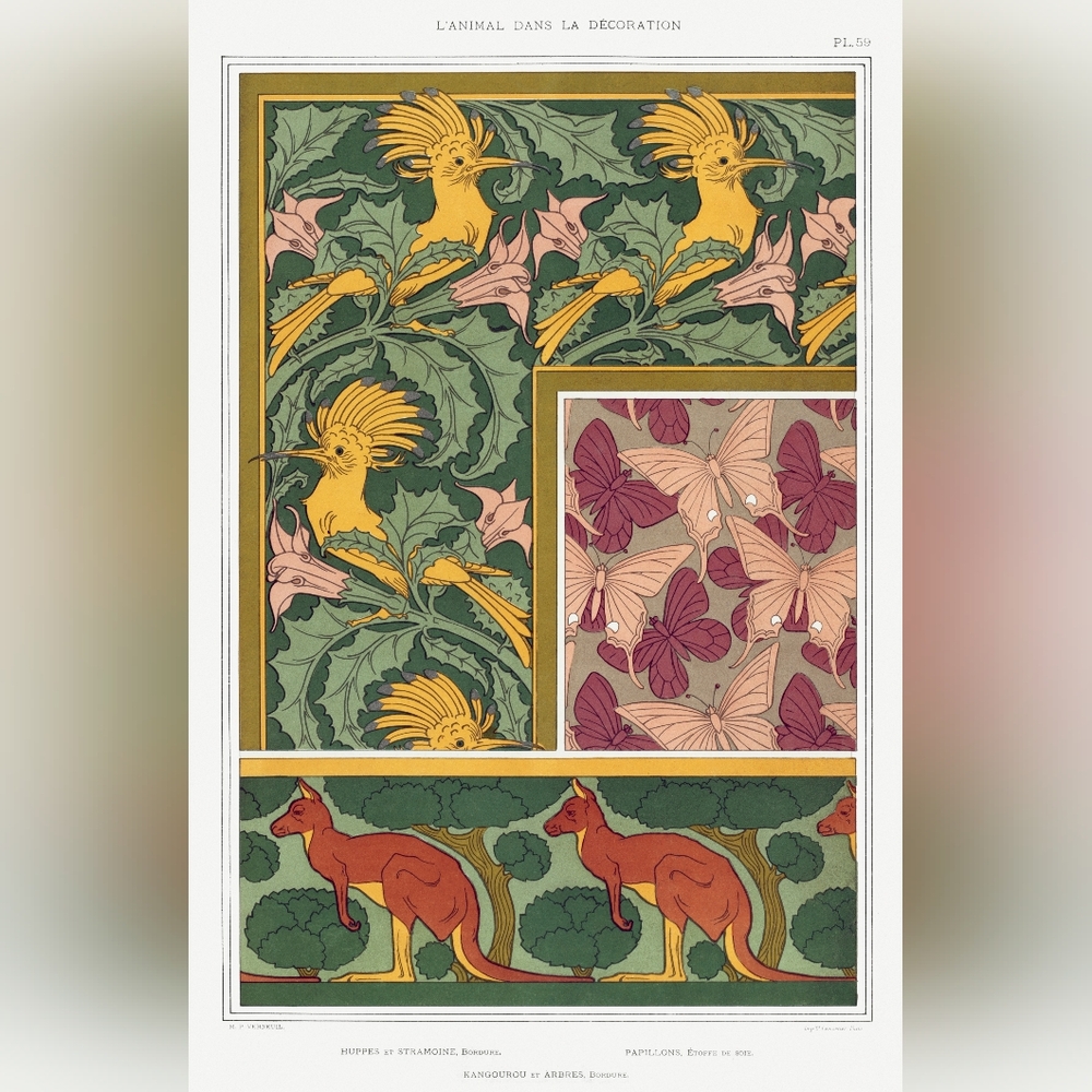 Vintage Art Print with Birds and Kangaroos